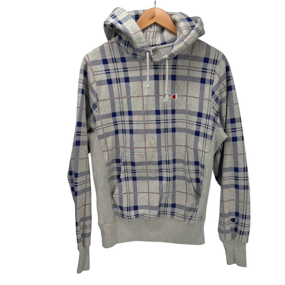 Champion Hoodie Mens Small Reverse Weave Gray Blue Plaid Pullover Comfy